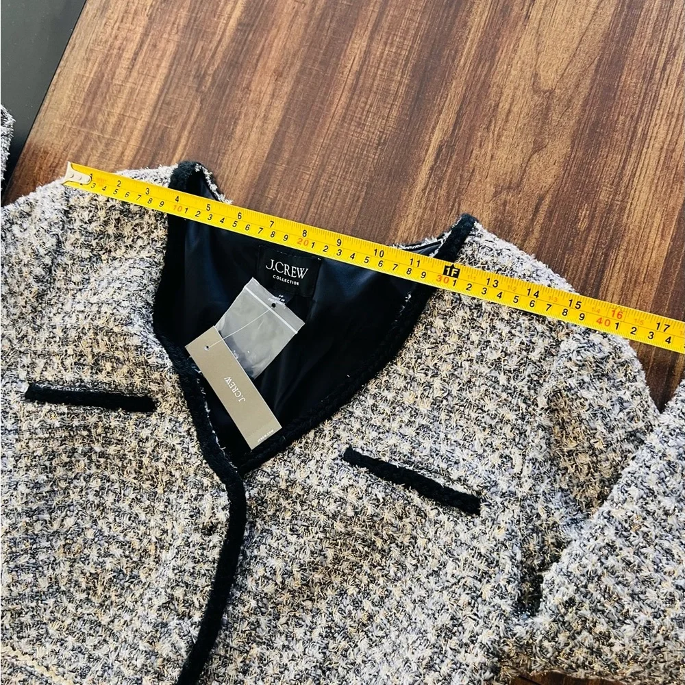 J. Crew Tweed Long-Sleeve Black Trim Shift Dress Coat — Cream & Black